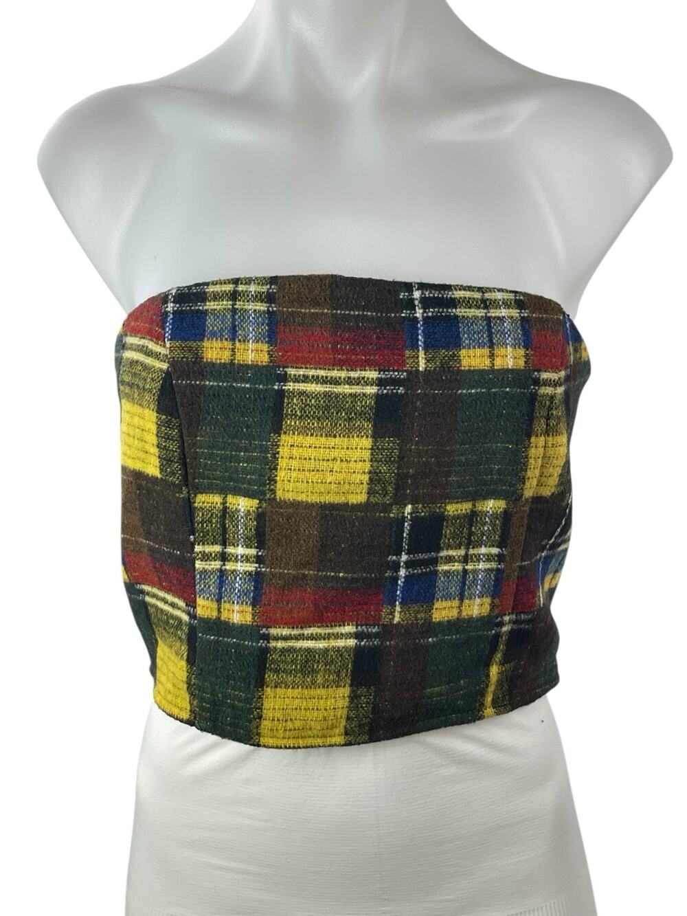 Motel Women's Multicolor Plaid Strapless Tube Bandeau Lace Up Crop Top Size M